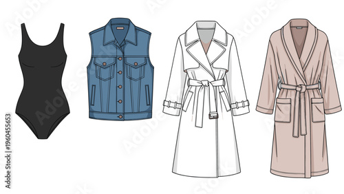 Assortment of garments including a black swimsuit, a denim vest, a classic white trench coat and a comfortable tan bathrobe.