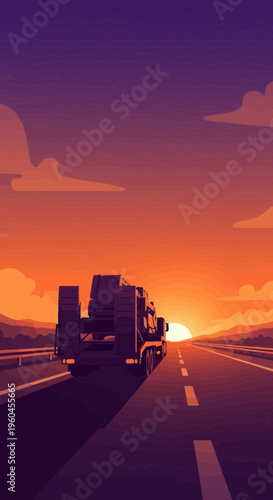 Truck Driving Towards A Vibrant Sunset On A Lonely Highway