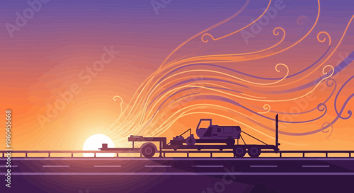 Truck Hauling Equipment At Sunset With Abstract Sky Swirls