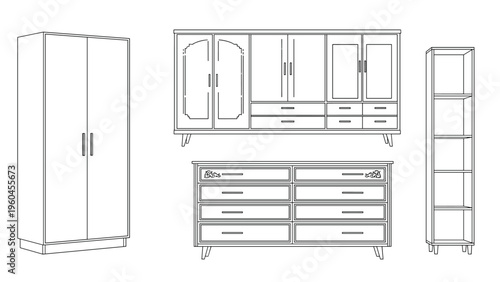Collection of furniture line drawings including a large wardrobe, a multi compartment wall unit, a dresser and a tall bookshelf.