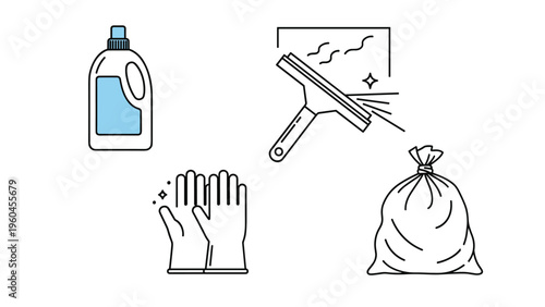 Essential cleaning equipment set featuring a bottle of detergent, a window squeegee, rubber gloves and a full white trash bag.