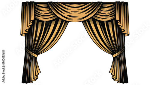 Illustration of luxurious gold and black window curtains with elegant swags and tiebacks for a sophisticated interior design look.
