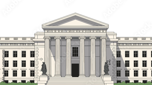 Impressive facade of a classical style building featuring grand columns and statues reminiscent of a courthouse or museum.