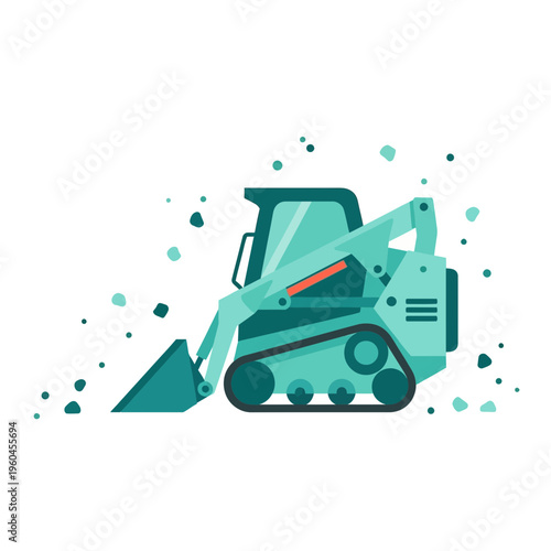 Turquoise Mini Loader Working On Construction Site With Debris Flying
