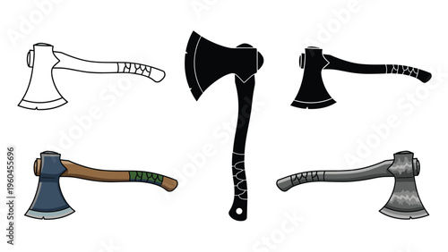 Diverse collection of axes from simple silhouettes and outlines to detailed realistic and weathered designs for woodcutting.