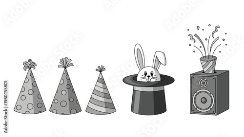 Festive party elements featuring decorative conical hats, a magician's rabbit in a hat and an audio speaker with a party popper.