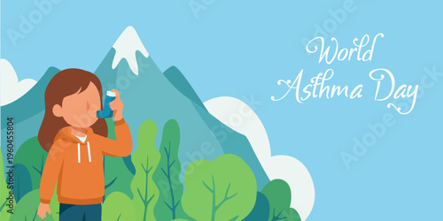 World Asthma Day banner featuring a child using an inhaler in a natural environment, representing fresh air, asthma awareness, and the importance of proper treatment. Vector Illustration.