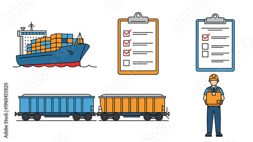 Logistics and shipping industry icons featuring a cargo ship, freight train cars, checklists and a warehouse worker.
