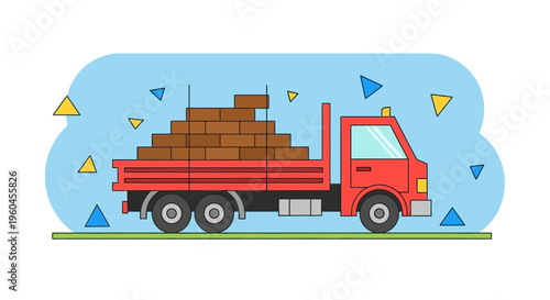 Red Truck Carrying a Large Load of Bricks for Construction Projects