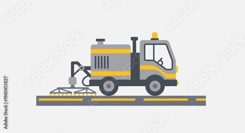 Specialized Road Marking Machine Applying Yellow Lines On Asphalt Surface With Spraying Mechanism