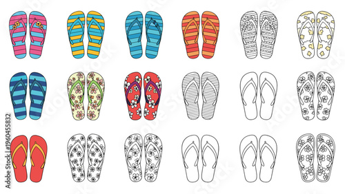Extensive collection of flip flops in diverse colors, stripes and floral patterns for summer beach and casual footwear.
