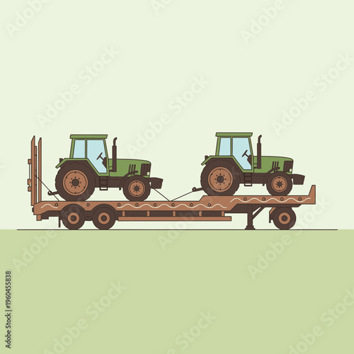 Two Green Tractors Transported On A Flatbed Trailer Ready For Farm Work