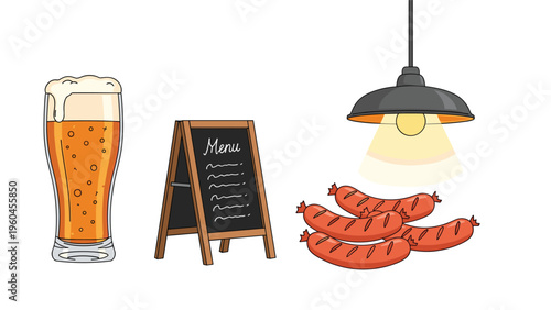 Pub or restaurant scene depicting a glass of beer, a chalkboard menu and grilled sausages kept warm under a lamp.