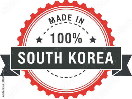 Made in 100 Percent South Korea Red and Black Grunge Circle Seal Label Stamp Design
