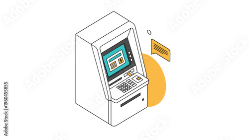 Isometric illustration of an automated teller machine or cash dispenser features a screen, keypad, and a card being inserted into the slot.