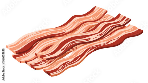 Group of four crispy cooked bacon strips are laid out together showing realistic texture and marbling of the meat for food photography.