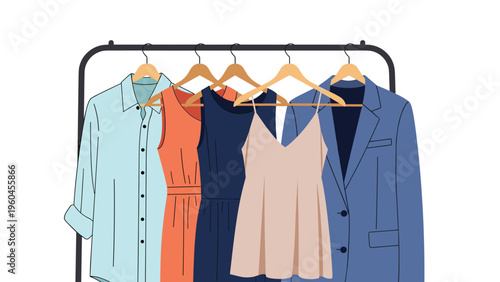 Selection of professional and casual clothing including a dress, blazer, and shirt are hanging neatly on a black metal garment rack.