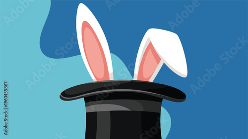 Pair of white rabbit ears with pink centers are peeking out from the top of a black magician's hat against a blue and light blue background.