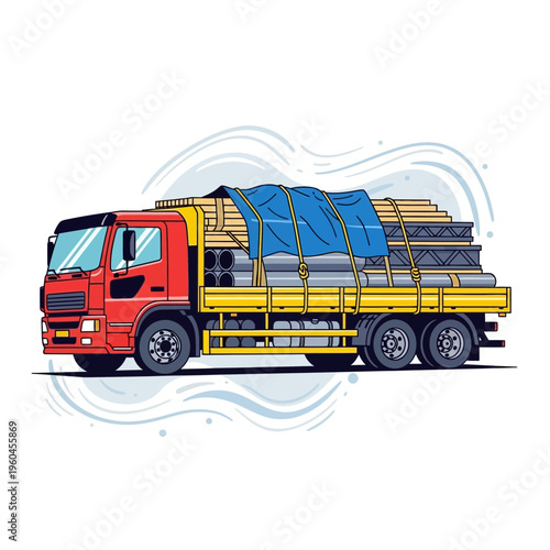 Red Truck Transporting Construction Materials Safely Secured Under Blue Tarp