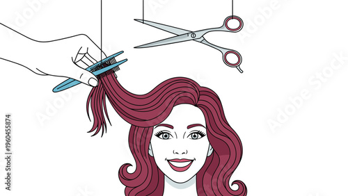 Stylized illustration shows a woman with wavy purple hair getting her ends trimmed with a pair of metal scissors and a blue hair comb.