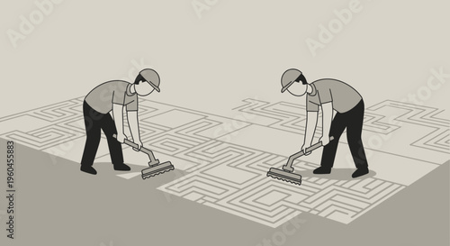 Two People Working Together To Clean A Maze-Like Pattern