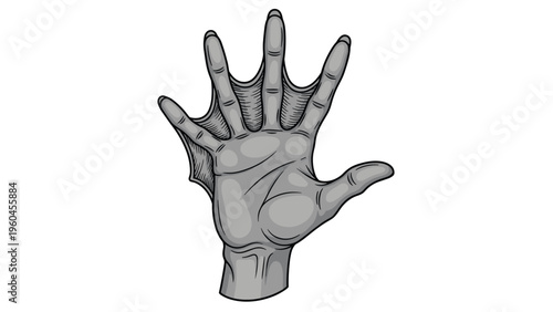 Detailed monochromatic sketch of a webbed hand belonging to a monster or aquatic creature is shown from a palm-up perspective with long fingers.
