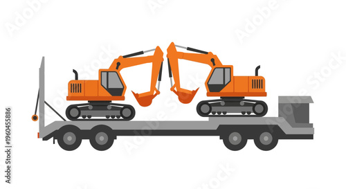 Two Orange Excavators Transported On A Heavy Duty Flatbed Truck Illustration