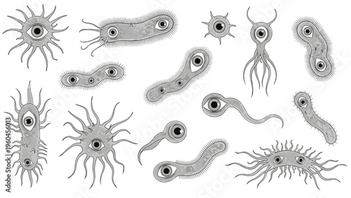 Large collection of various microscopic organisms such as bacteria and germs are depicted as stylized one-eyed creatures in gray tones.