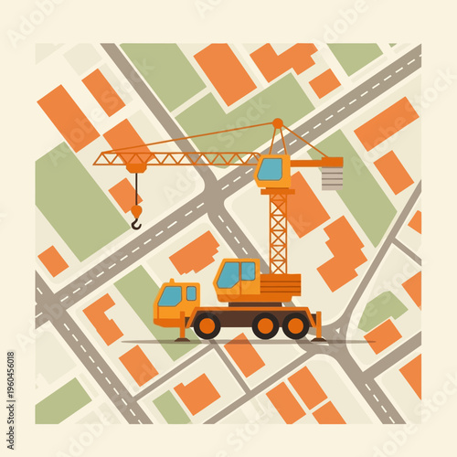 Urban Construction Crane and Truck Above City Map Illustration