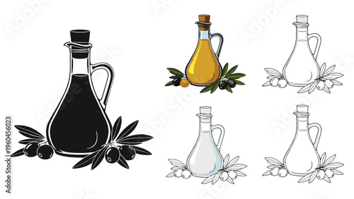 Elegant glass bottle of olive oil surrounded by fresh olives and leaves is shown in five different styles from silhouette to full color.