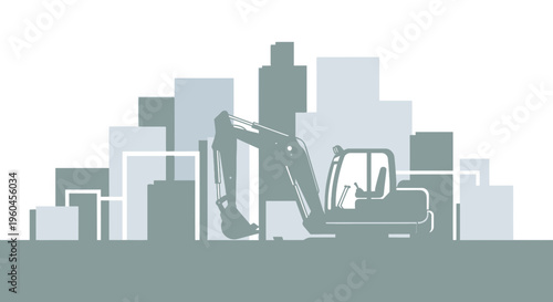 Urban Construction Excavator Silhouette Against Cityscape Background