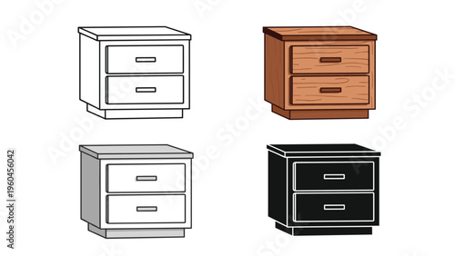 Small wooden nightstand with two drawers and metal handles is presented in four graphic styles including outline, color, and silhouette.
