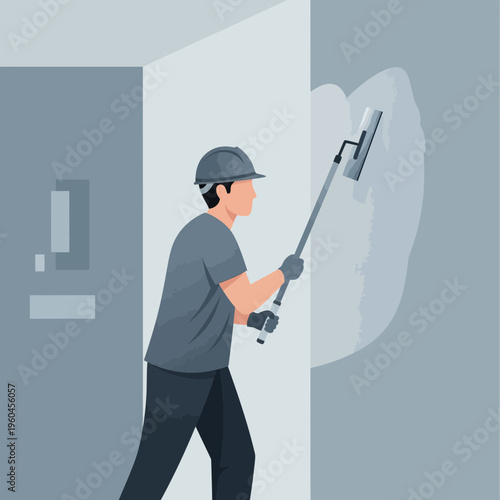 Skilled Construction Worker Applying Smooth Finish To Interior Wall With Tool