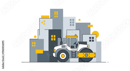 Urban Construction Scene With Roller And Buildings