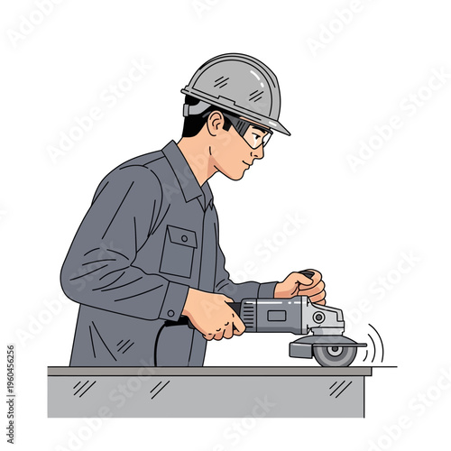 Skilled Craftsman Precision Grinding Metal Surface With Angle Grinder Safety Gear Illustration