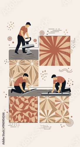 Skilled Craftsman Installing Modern Decorative Flooring With Geometric Patterns