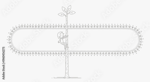 Minimalist outline illustration of a young adventurer climbing a slender tree inside an ornate frame