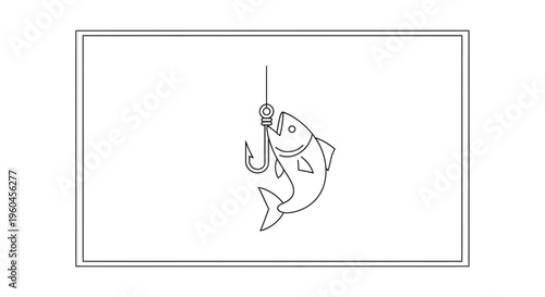 Simple Line Art Illustration of a Fish Caught on a Fishing Hook Minimalist Black and White Vector