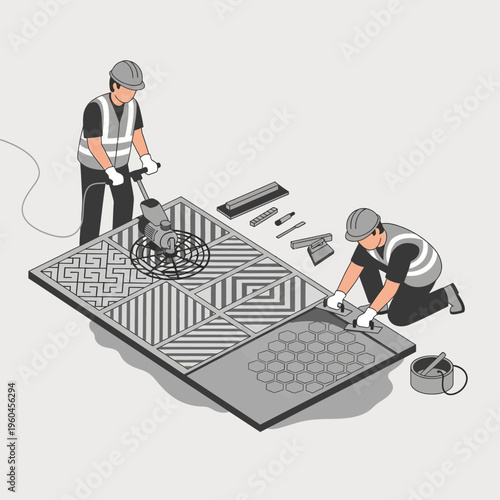 Skilled Craftsmen Performing Precision Concrete Stamping And Finishing Techniques