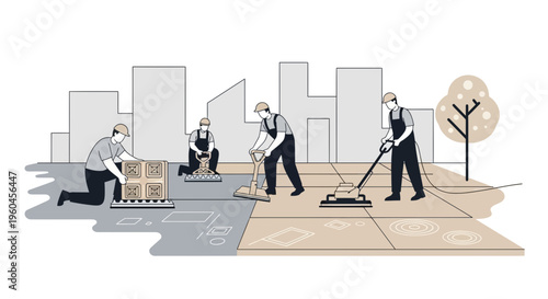 Urban Improvement Crew Restoring Pavement with Specialized Equipment