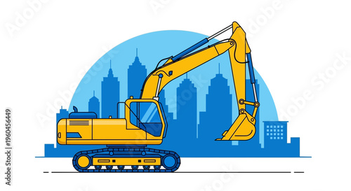 Urban Excavator Machinery On Construction Site With Cityscape Background