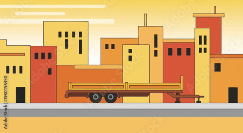 Urban Landscape With Flatbed Truck In Warm Tones Minimalist Design