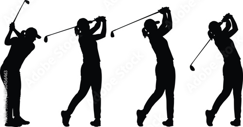 Female Golfer Swing Silhouettes Set with Different Poses, Woman Playing Golf Action Sequence for Sports Design, Fitness Training Vector Illustration Collection