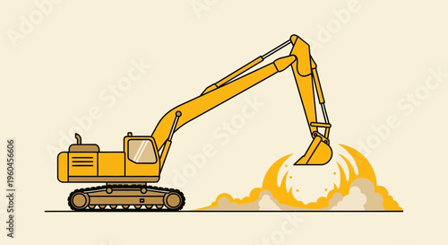 Striking Yellow Excavator Digging Earth in Flat Design Style