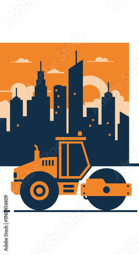 Urban Road Roller Working Against Cityscape Background Construction Industry Illustration
