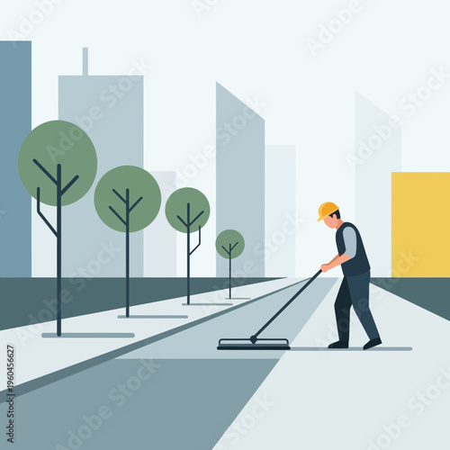 Urban Sanitation Worker Maintaining City Cleanliness With Precision And Care In Modern Metropolis
