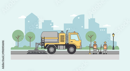 Urban Street Sweeper Truck Cleaning City Road With Workers Performing Municipal Services