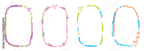 Minimal doodle borders with rough pencil texture and pastel tones. Crayon kindergarten frame set for school projects, kids photos and design.