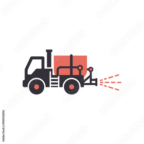 Vector Illustration Of A Modern Sprayer Truck With Red Water Tank And Spraying Mechanism