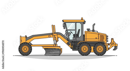 Vector Illustration Of A Modern Road Grader Machine On A White Background